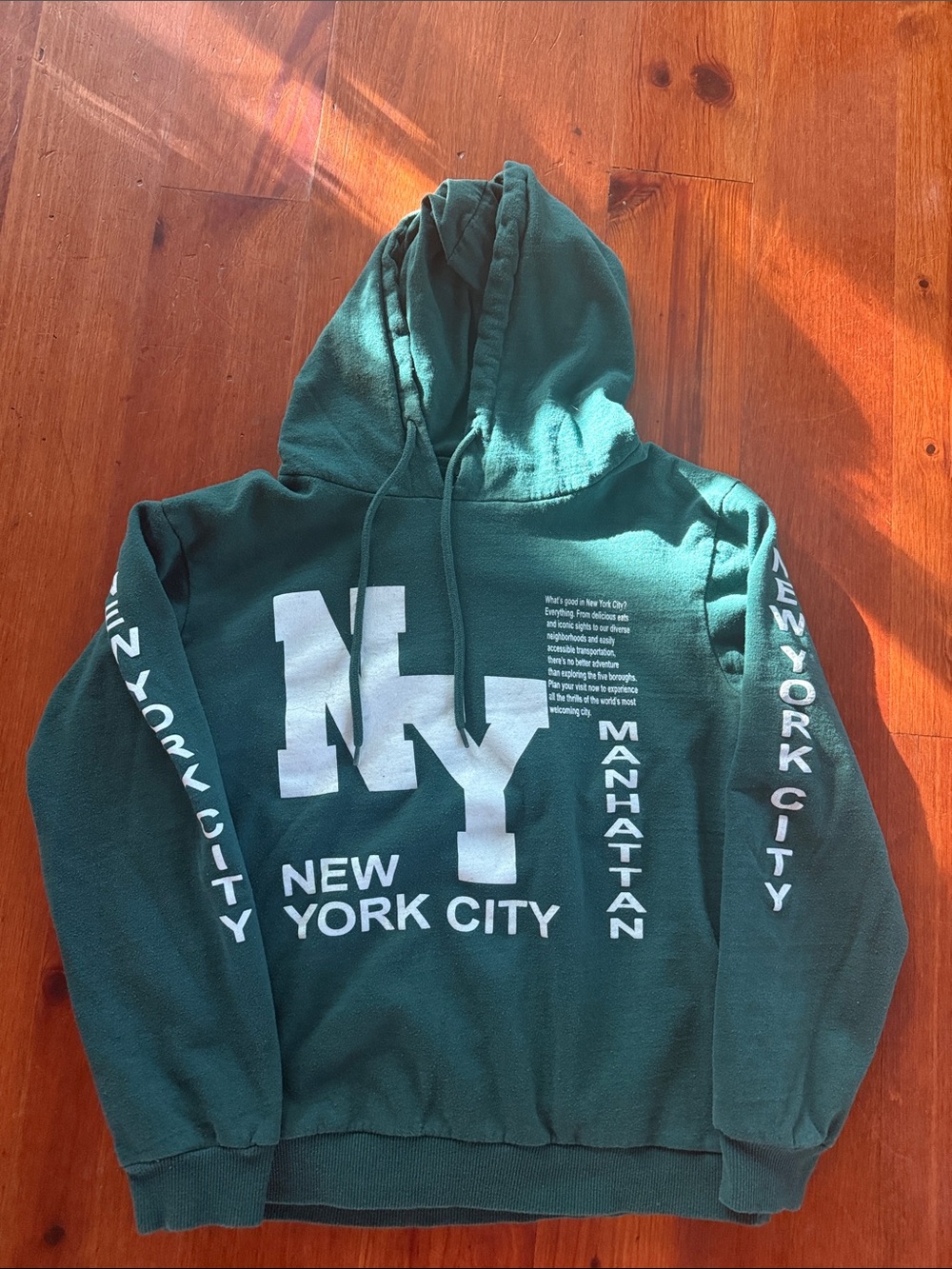 On Fire Dark Green Distressed NY Manhattan Graphic Hoodie